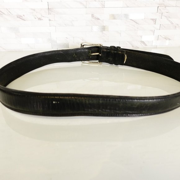 Belt‎ Mens Medium Black Dress Genuine Leather Silver Buckle Frame Solid Handmade - Picture 5 of 11